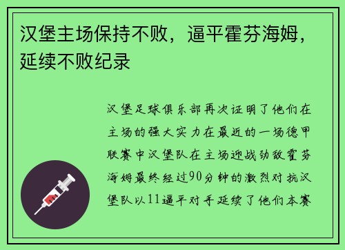 汉堡主场保持不败，逼平霍芬海姆，延续不败纪录